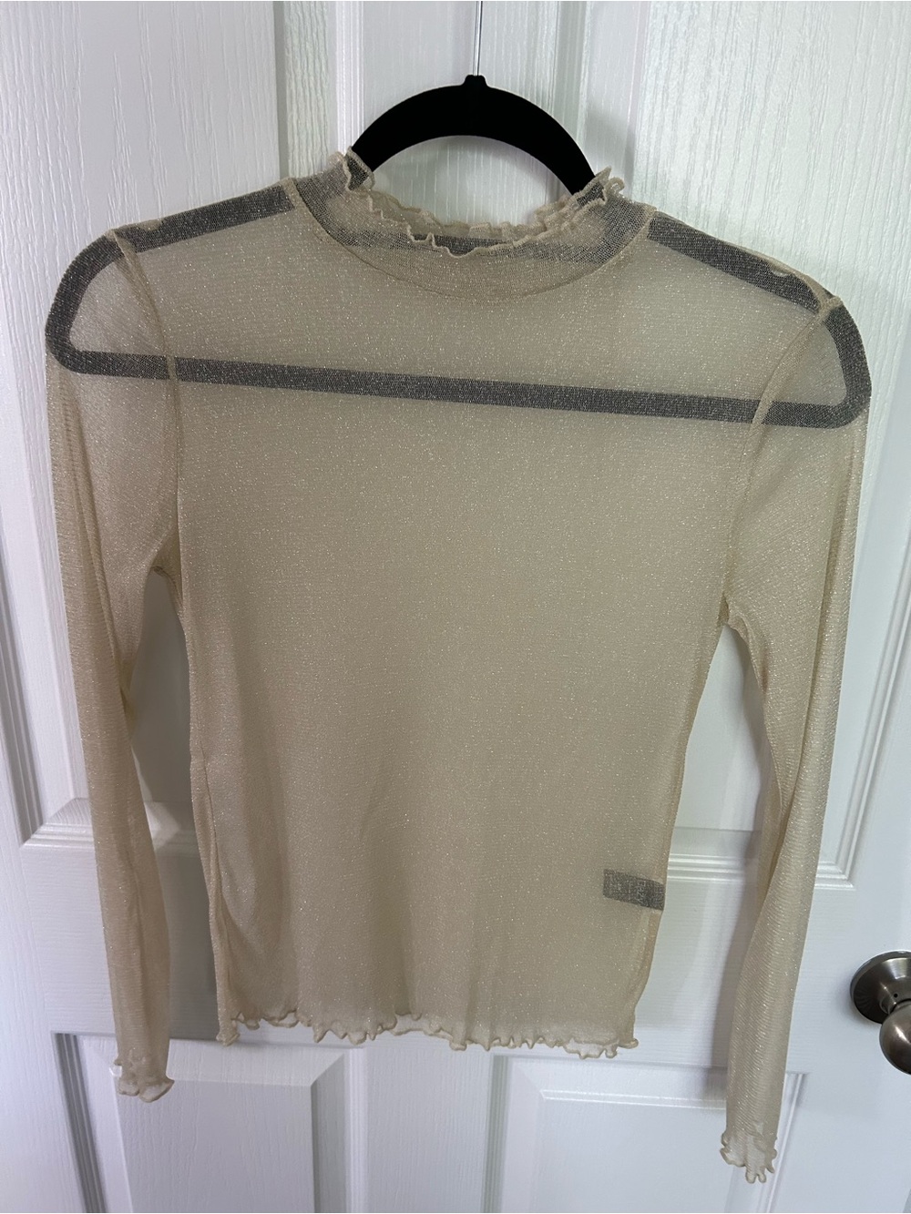 Sheer Metallic Cream Long-Sleeve Tee